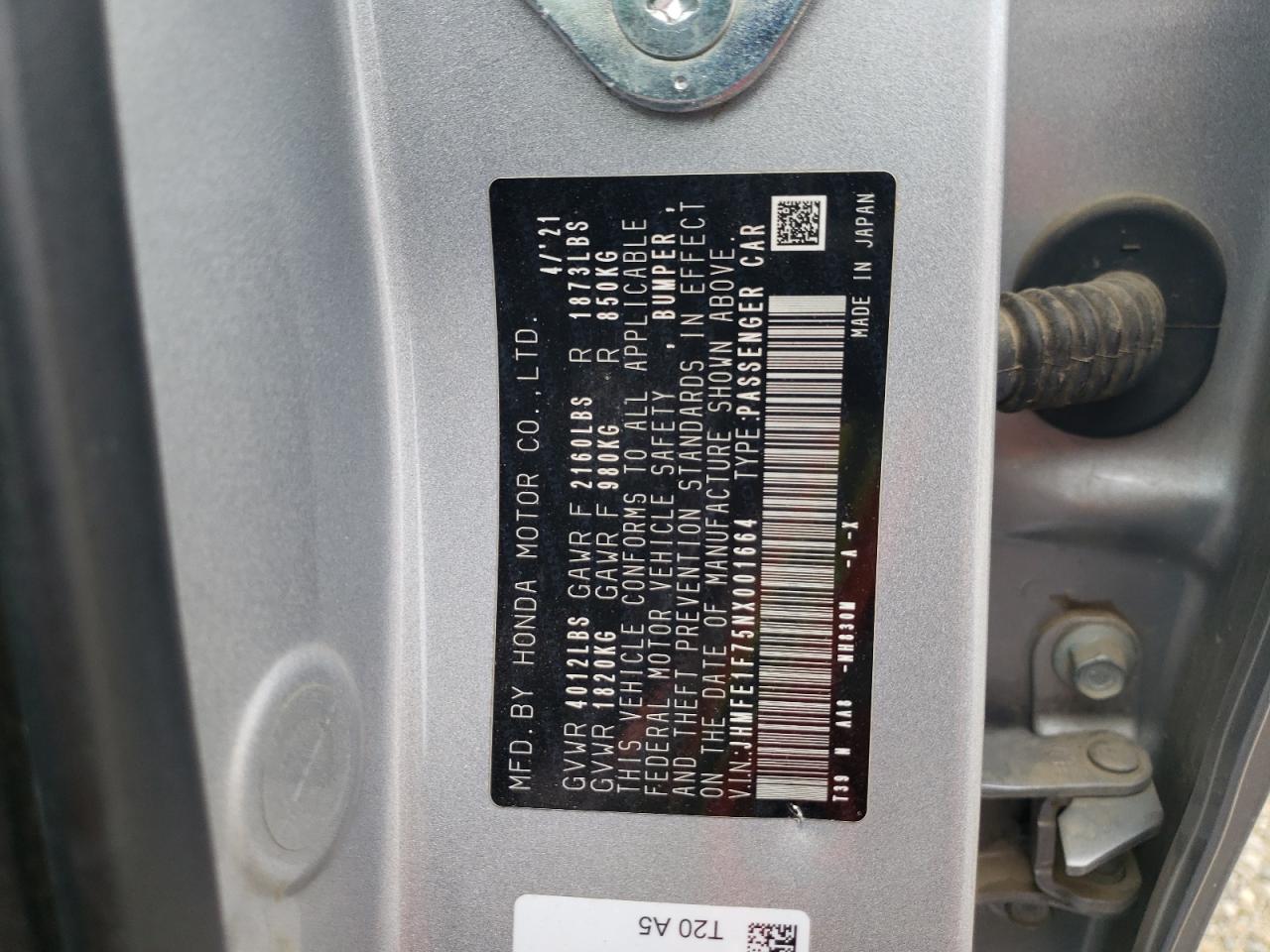 2022 Honda Civic VIN JHMFE1F75NX001664 Copart auction photo, front end damage thumbnail 14
