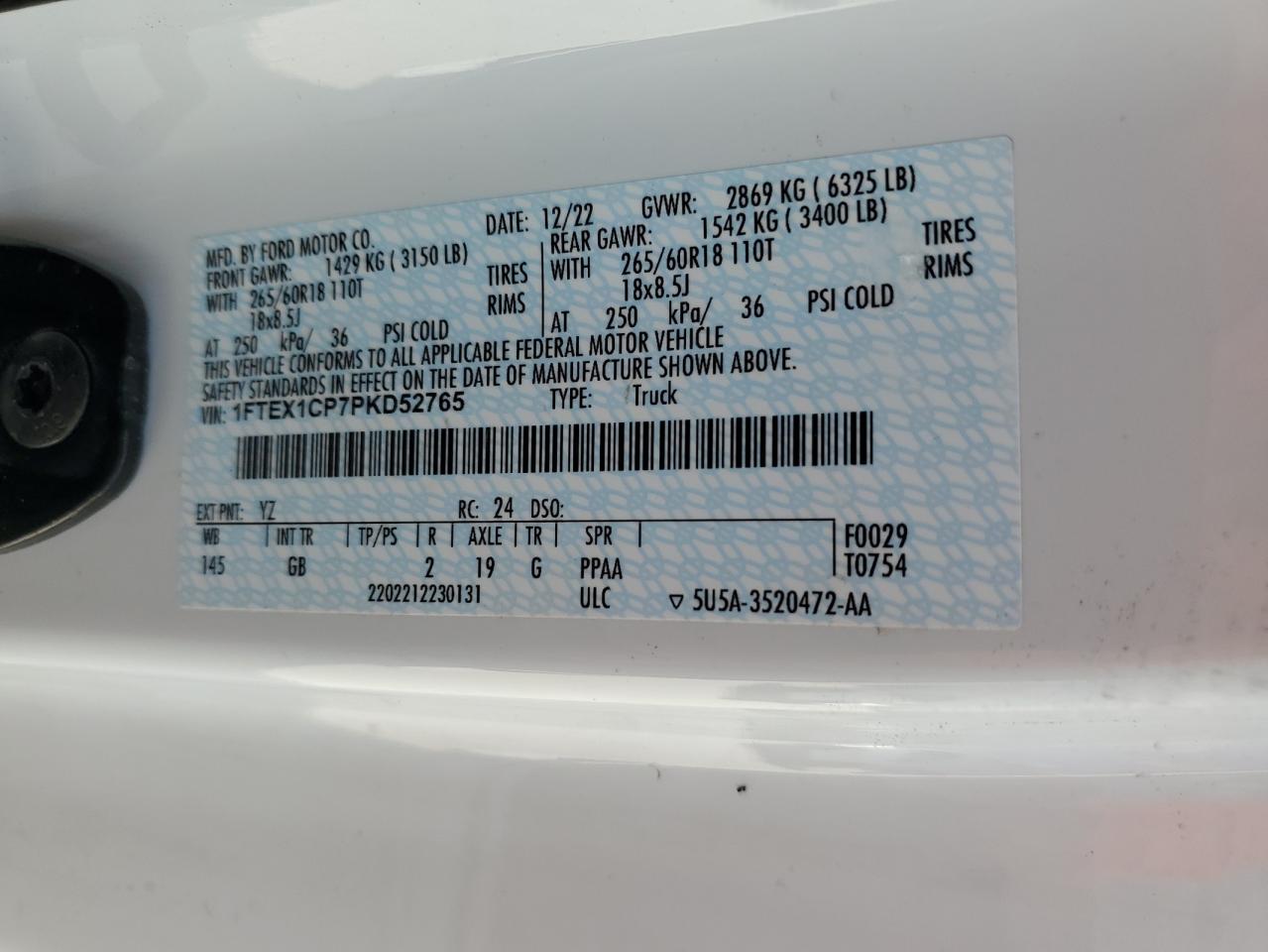 2023 Ford F-150 VIN 1FTEX1CP7PKD52765 Copart auction photo, front end damage thumbnail 12