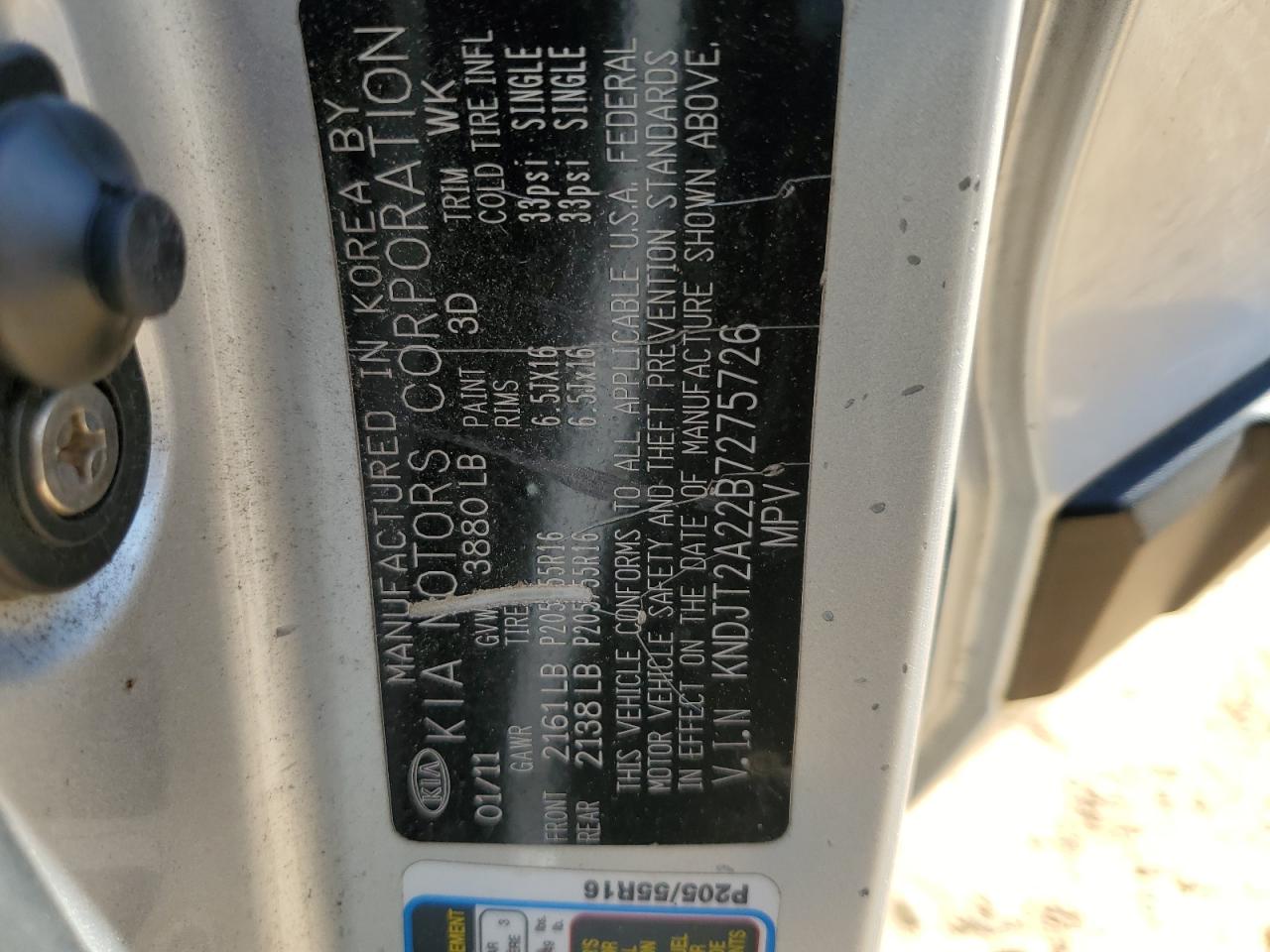 2011 KIA Soul VIN KNDJT2A22B7275726 Copart auction photo, front end / minor dent/scratches damage thumbnail 13