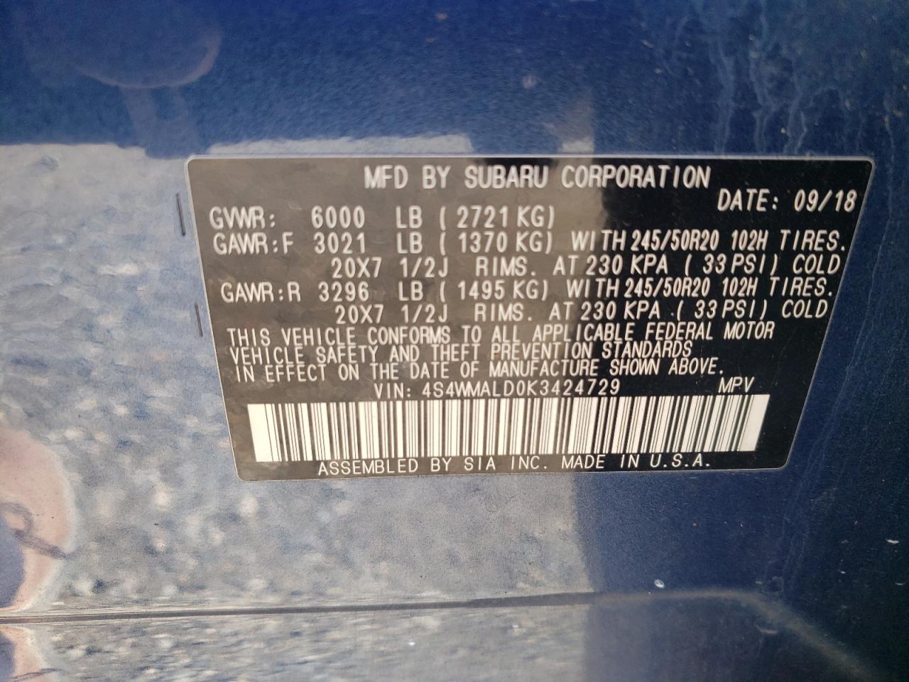 2019 Subaru Ascent VIN 4S4WMALD0K3424729 Copart auction photo, front end damage thumbnail 16