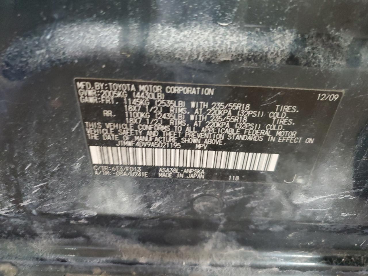 2010 Toyota RAV 4 VIN JTMWF4DV9A5021195 Copart auction photo, side / rear end damage thumbnail 13