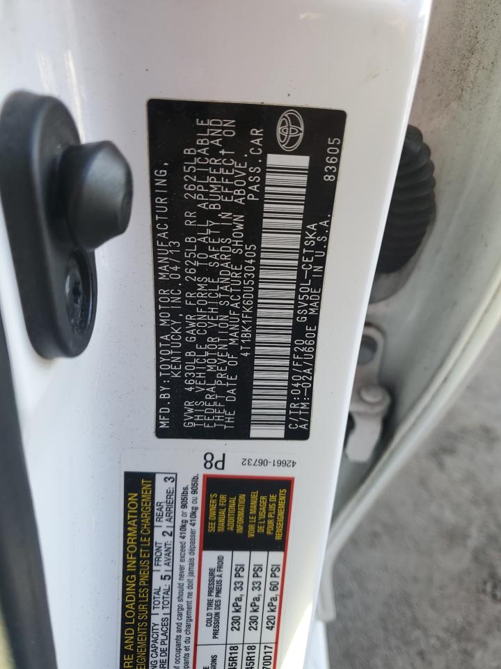 2013 Toyota Camry VIN 4T1BK1FK6DU530405 Copart auction photo, side damage thumbnail 12
