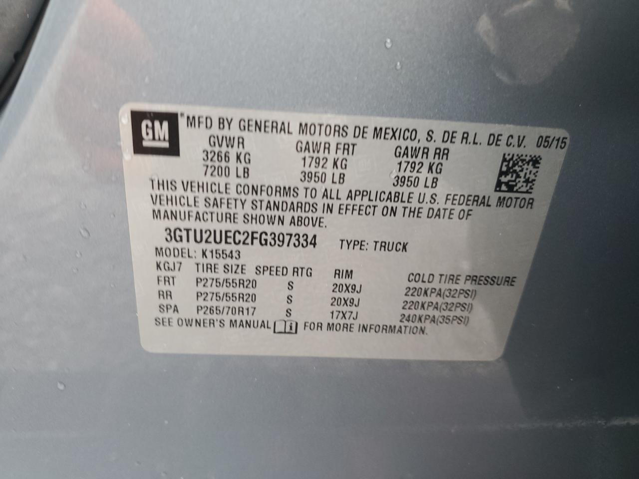 2015 GMC Sierra VIN 3GTU2UEC2FG397334 Copart auction photo, rear end / side damage thumbnail 14