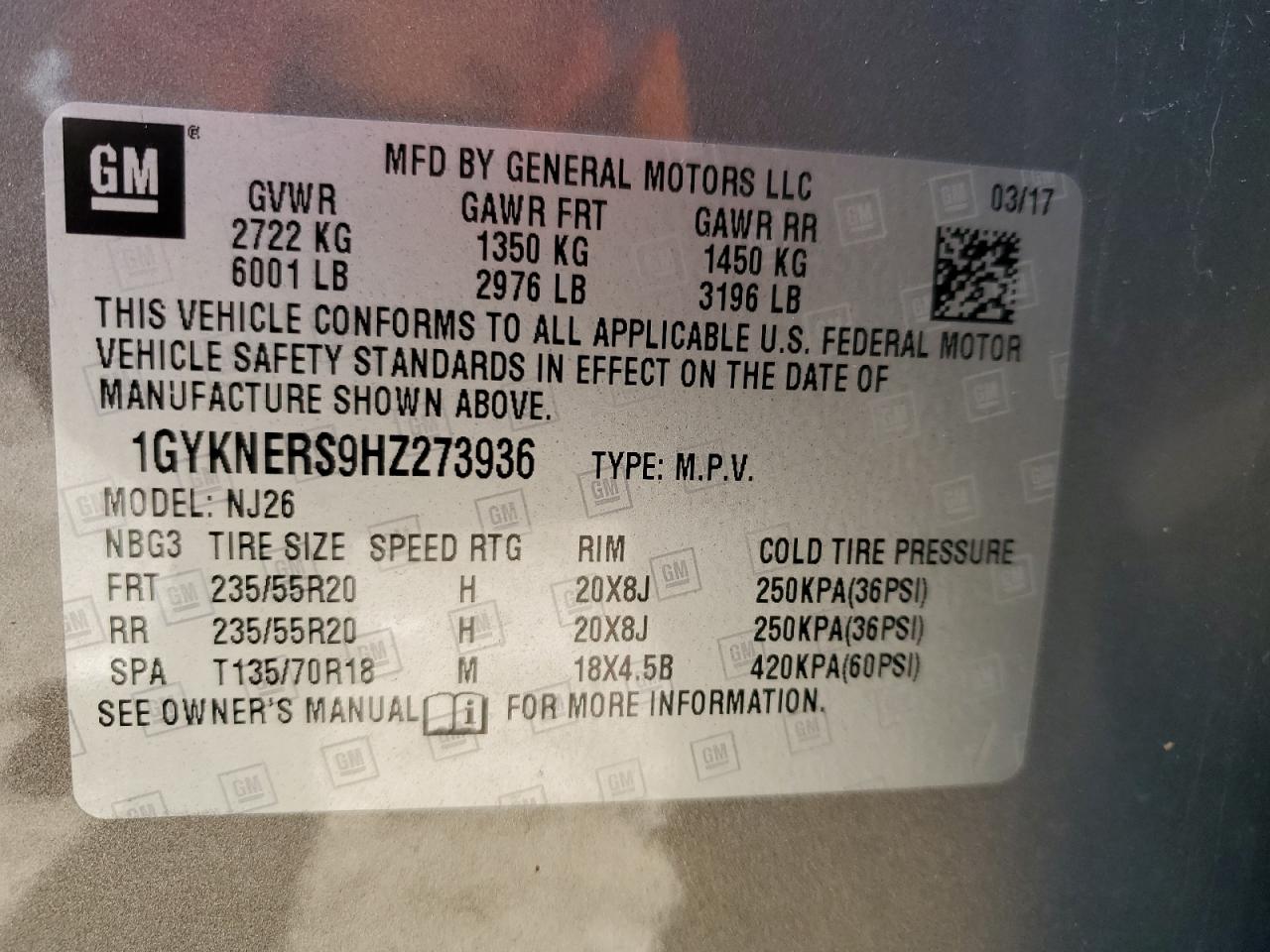 2017 Cadillac XT5 VIN 1GYKNERS9HZ273936 Copart auction photo, minor dent/scratches damage thumbnail 12