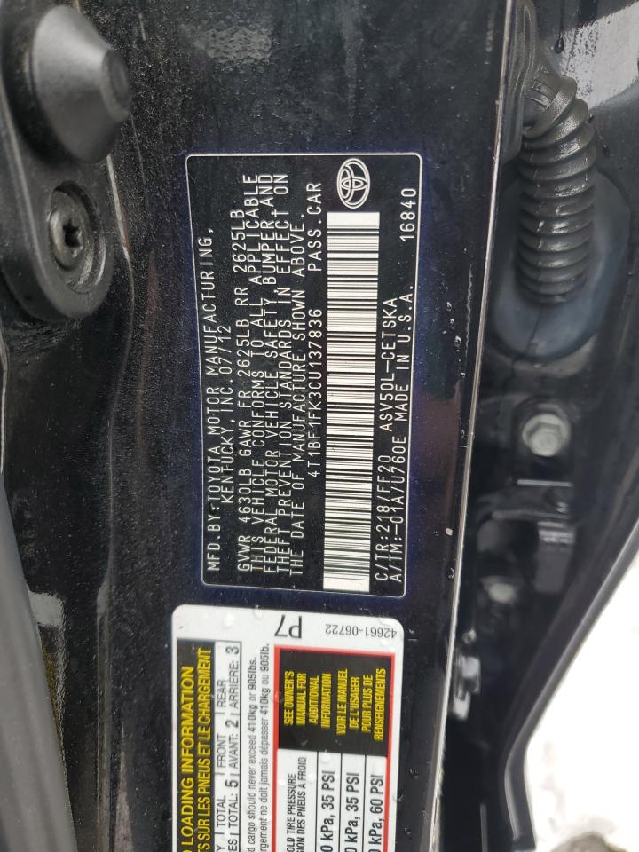 2012 Toyota Camry VIN 4T1BF1FK3CU137836 Copart auction photo, front end / hail damage thumbnail 12