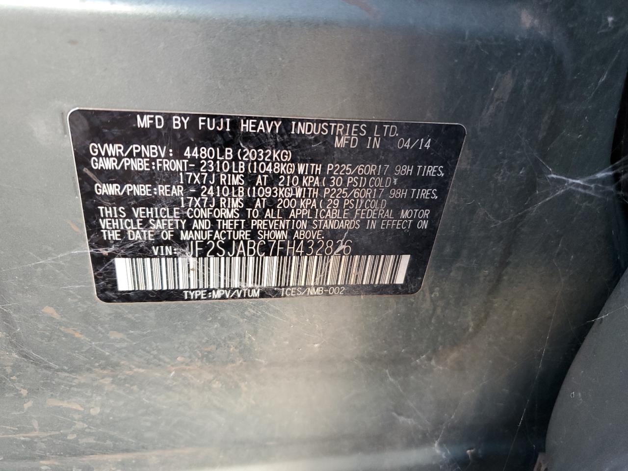 2015 Subaru Forester VIN JF2SJABC7FH432826 Copart auction photo, all over damage thumbnail 13