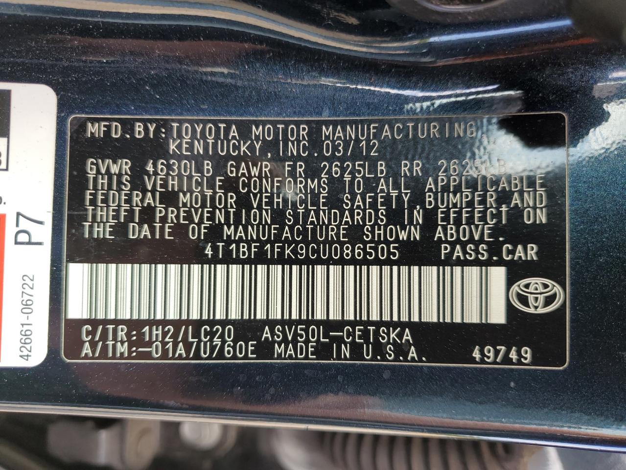 2012 Toyota Camry VIN 4T1BF1FK9CU086505 Copart auction photo, rear end / minor dent/scratches damage thumbnail 12