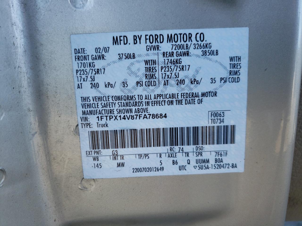 2007 Ford F-150 VIN 1FTPX14V87FA78684 Copart auction photo, side / rear end damage thumbnail 12