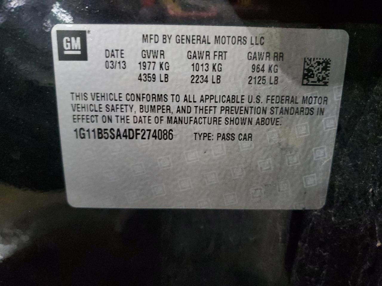 2013 Chevrolet Malibu VIN 1G11B5SA4DF274086 Copart auction photo, front end damage thumbnail 13