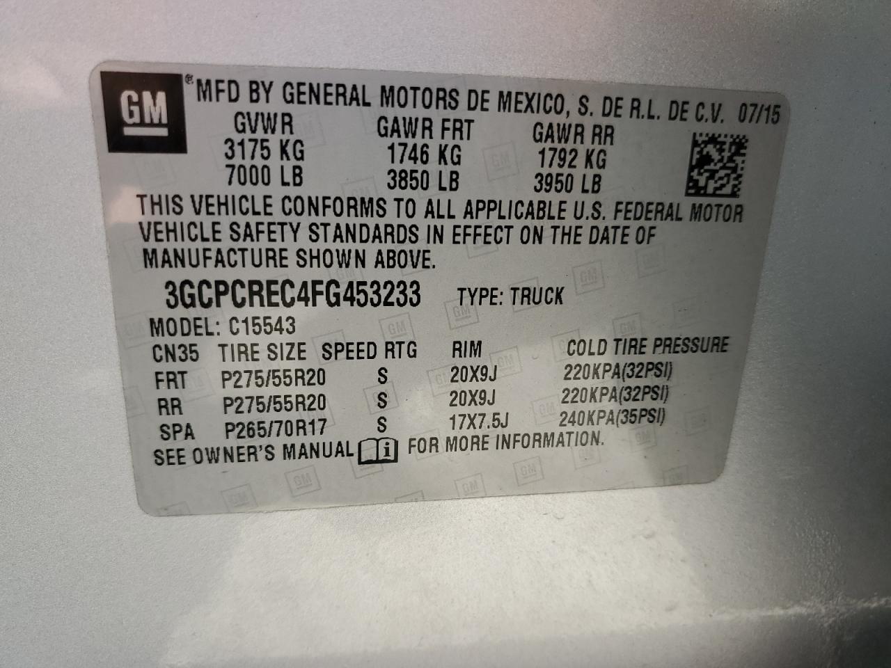 2015 Chevrolet Silverado VIN 3GCPCREC4FG453233 Copart auction photo, front end / minor dent/scratches damage thumbnail 14