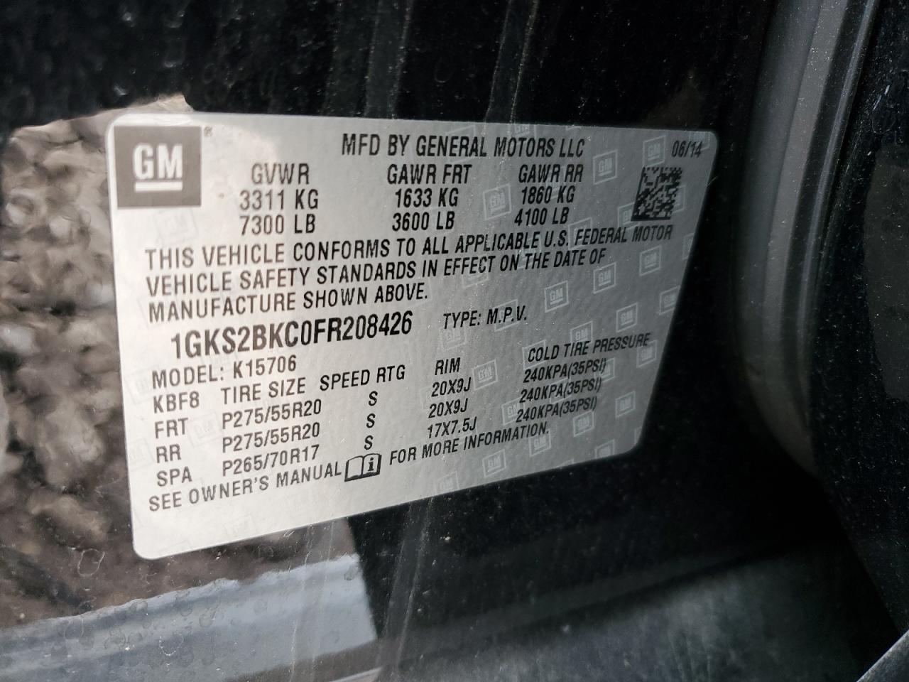 2015 GMC Yukon VIN 1GKS2BKC0FR208426 Copart auction photo, front end damage thumbnail 15