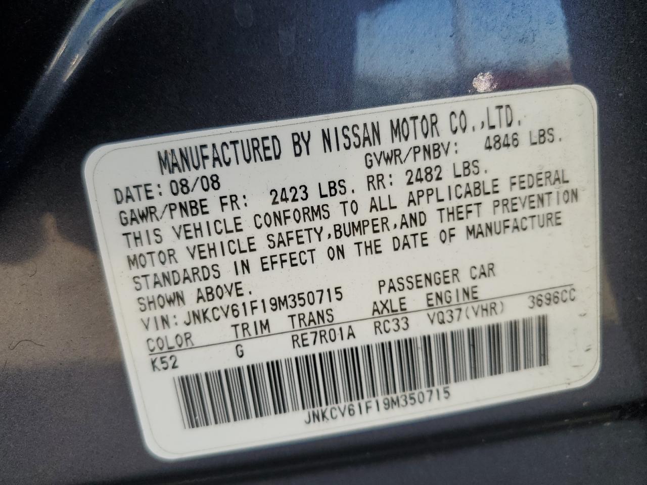 2009 Infiniti G VIN JNKCV61F19M350715 Copart auction photo, rear end damage thumbnail 14