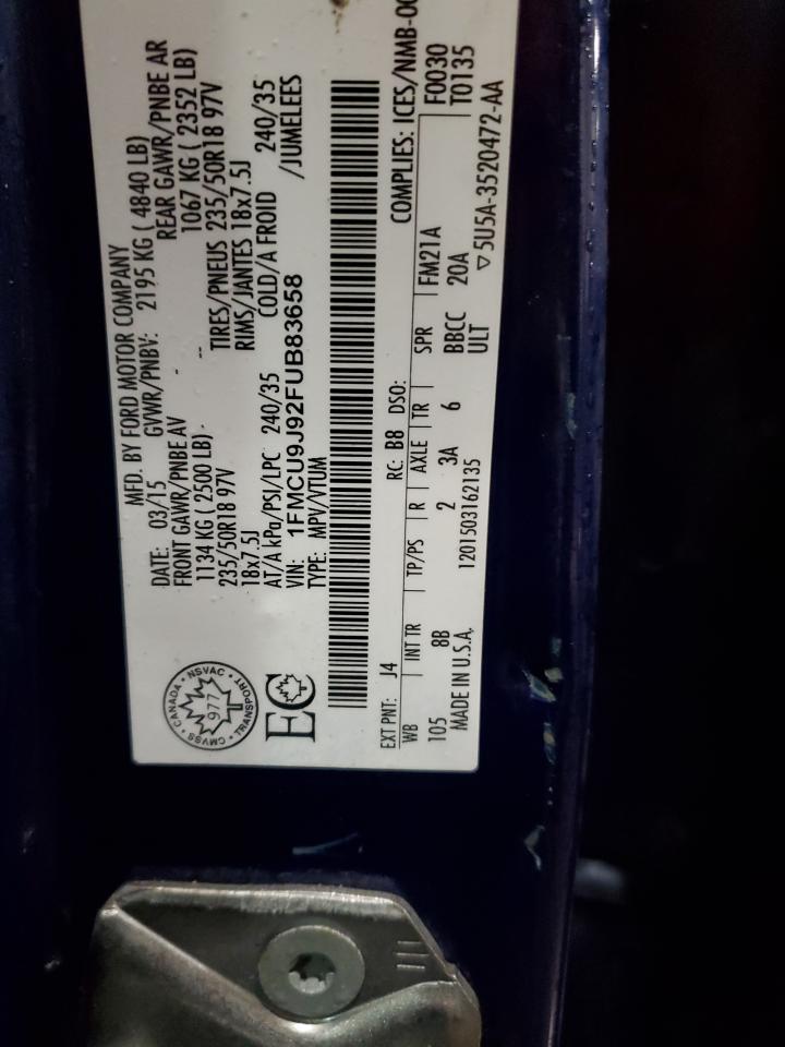 2015 Ford Escape VIN 1FMCU9J92FUB83658 Copart auction photo, front end / side damage thumbnail 14