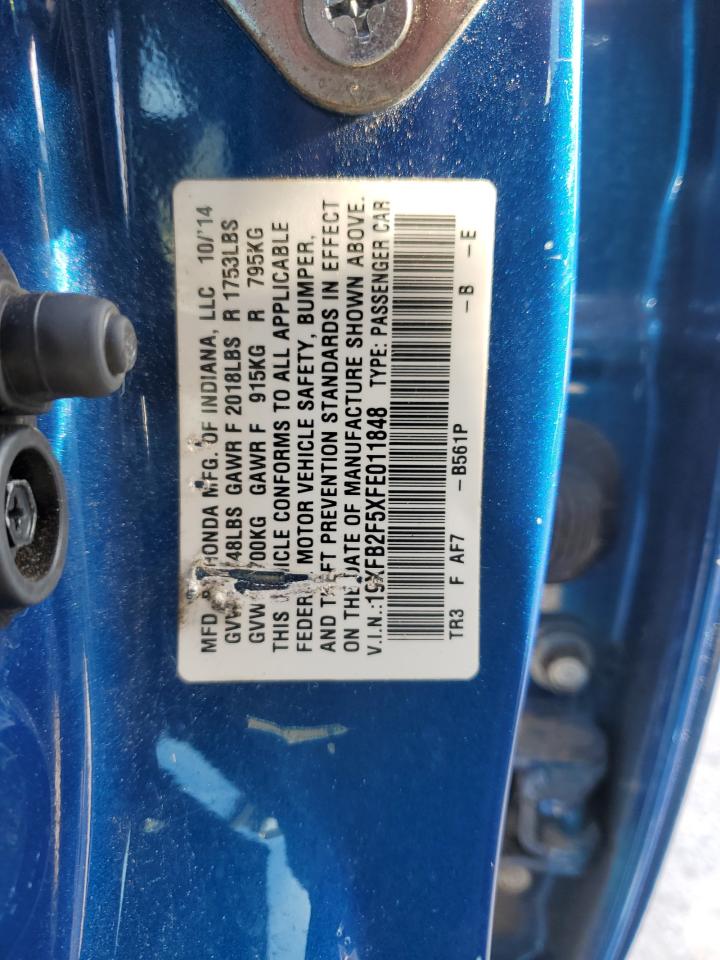 2015 Honda Civic VIN 19XFB2F5XFE011848 Copart auction photo, rear end damage thumbnail 13
