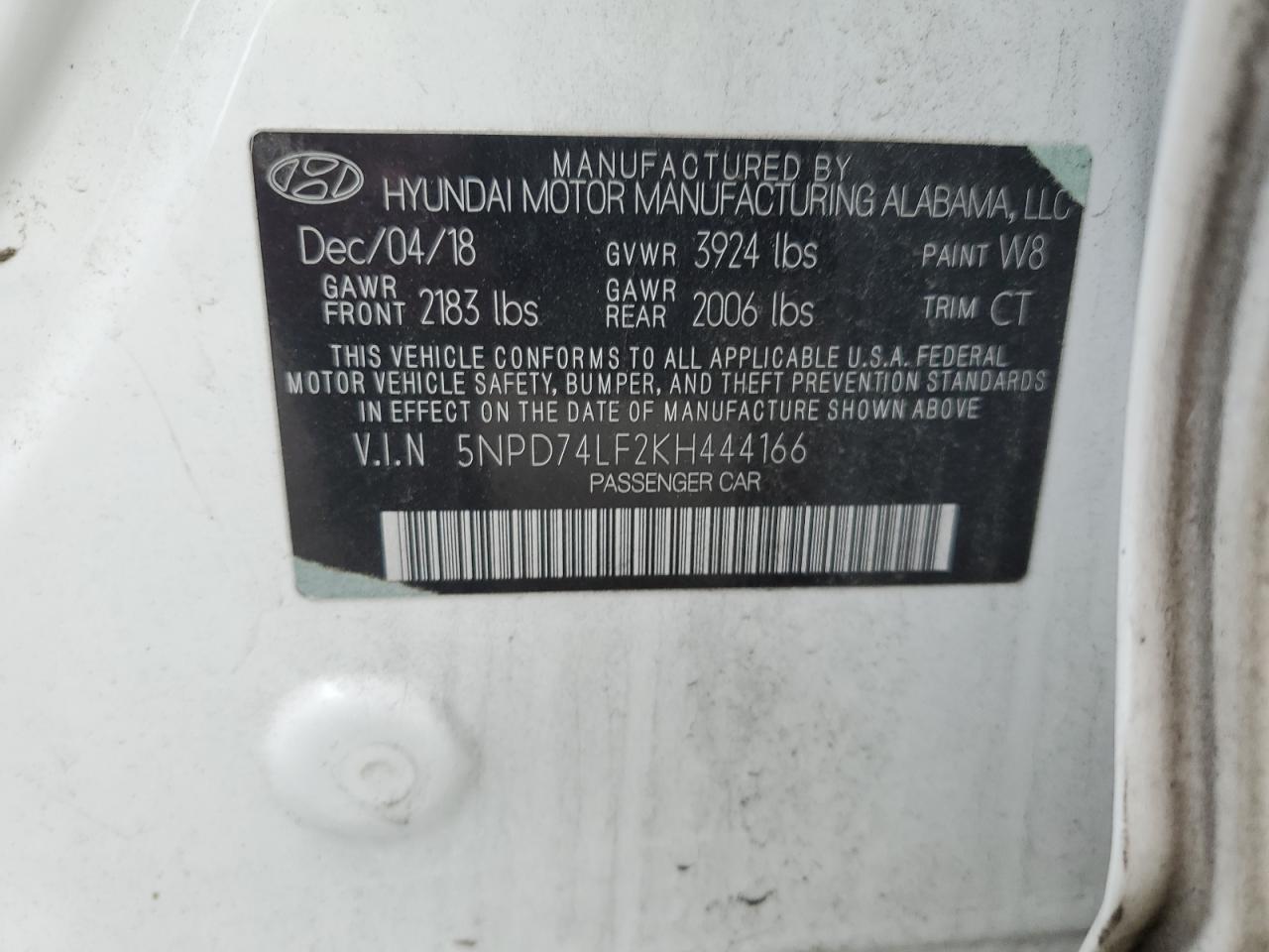 2019 Hyundai Elantra VIN 5NPD74LF2KH444166 Copart auction photo, front end damage thumbnail 12