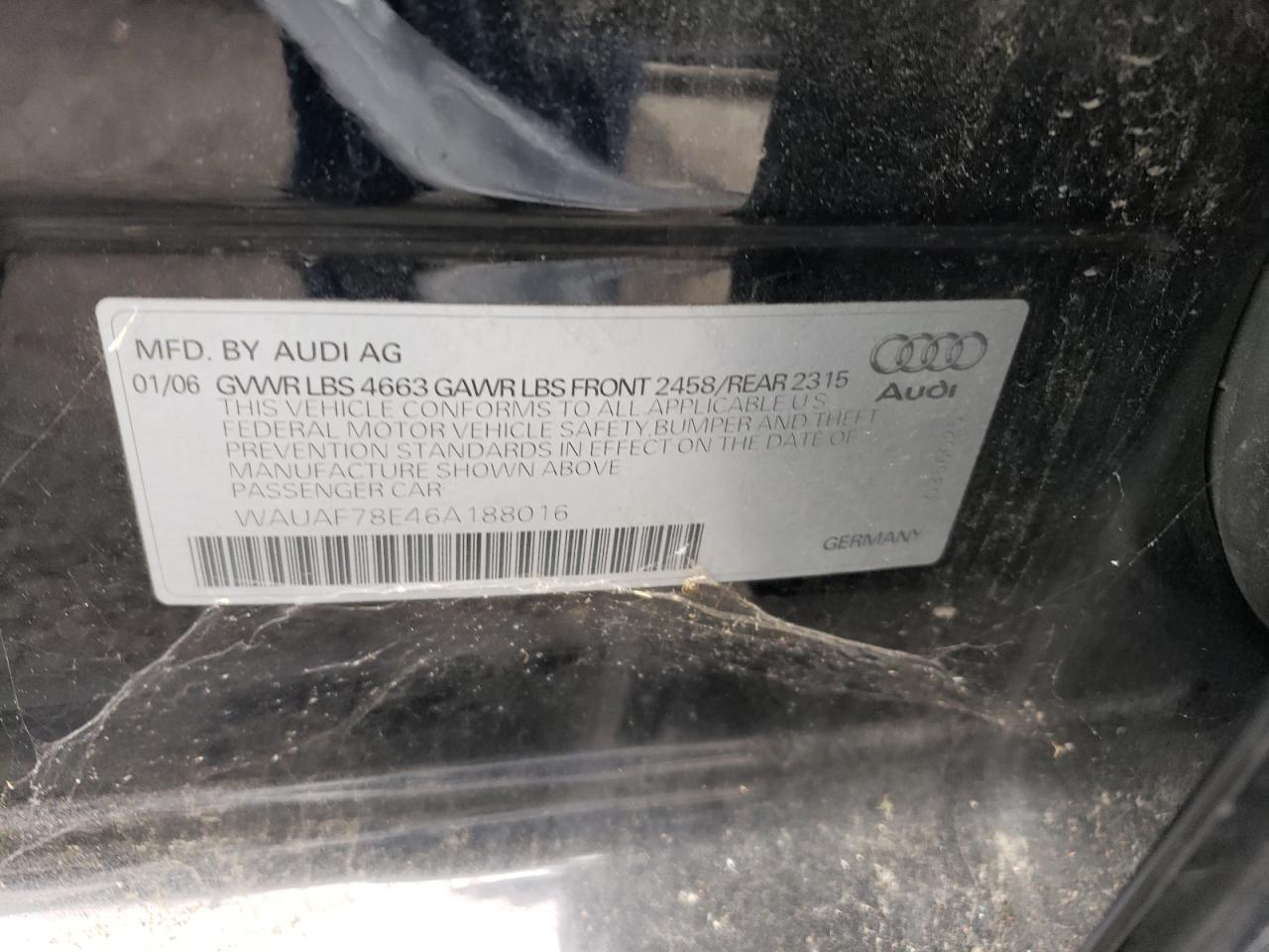 2006 Audi A4 VIN WAUAF78E46A188016 Copart auction photo, mechanical damage thumbnail 12