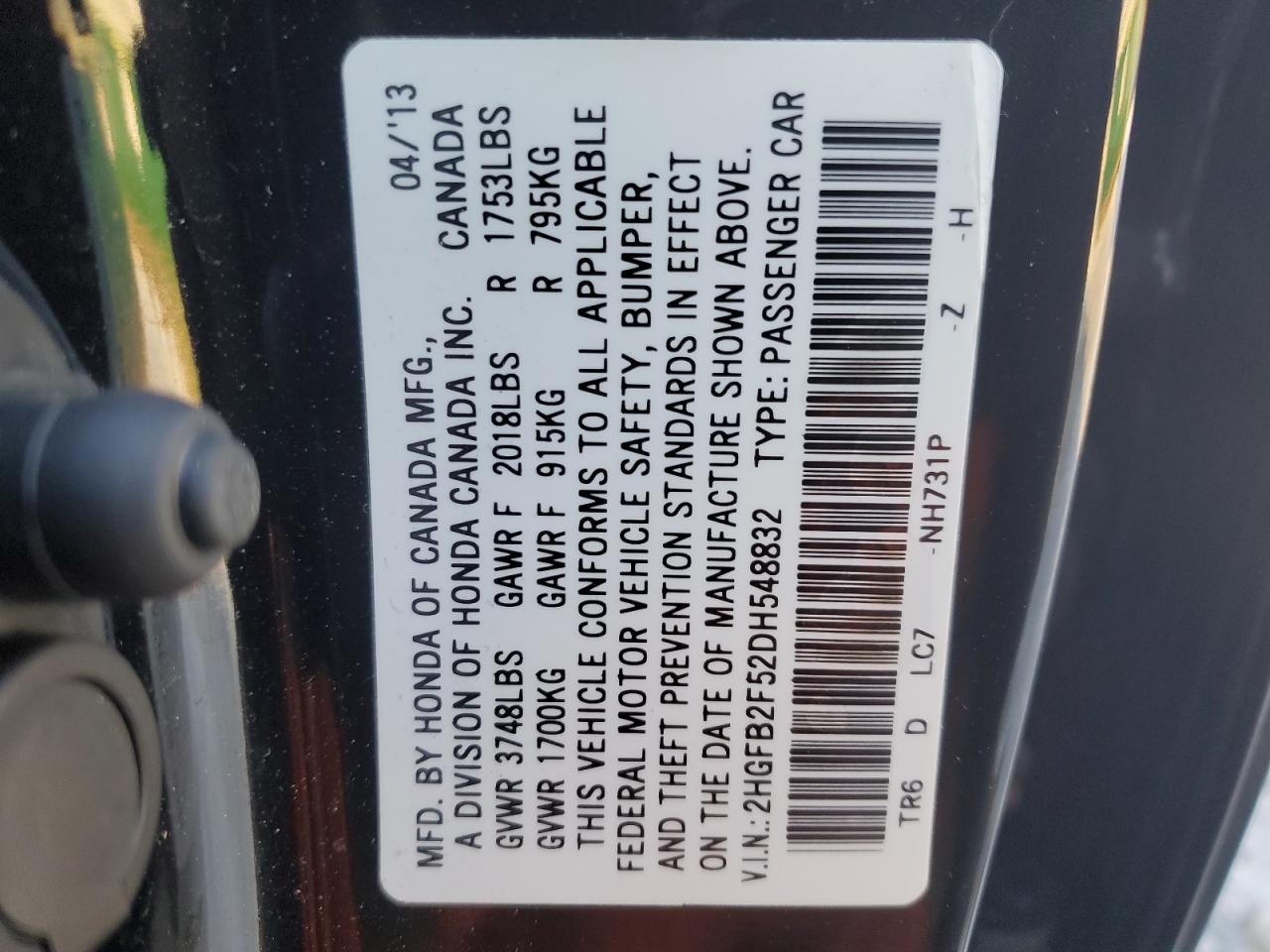 2013 Honda Civic VIN 2HGFB2F52DH548832 Copart auction photo, front end / side damage thumbnail 13