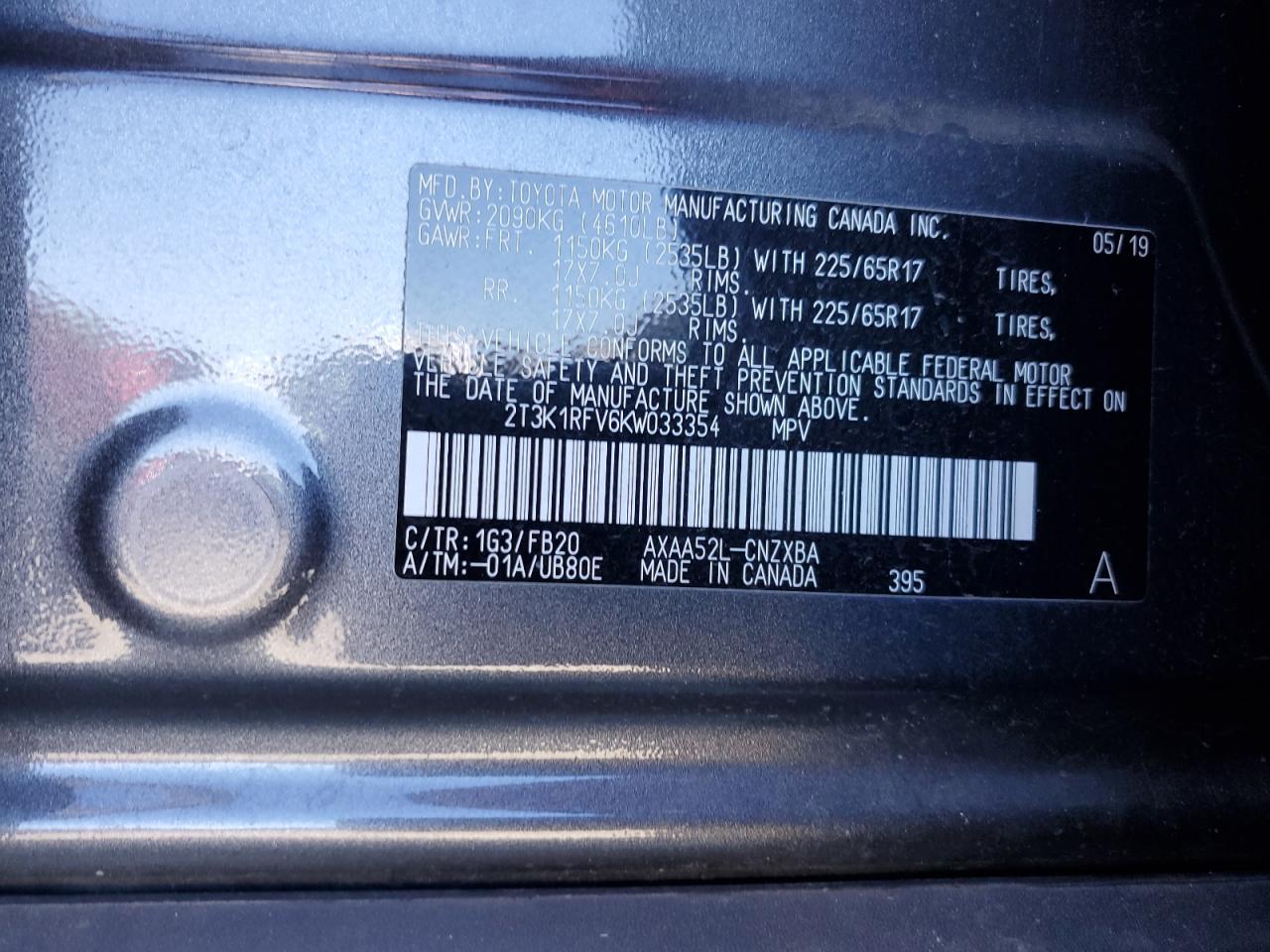 2019 Toyota RAV 4 VIN 2T3K1RFV6KW033354 Copart auction photo, front end damage thumbnail 13