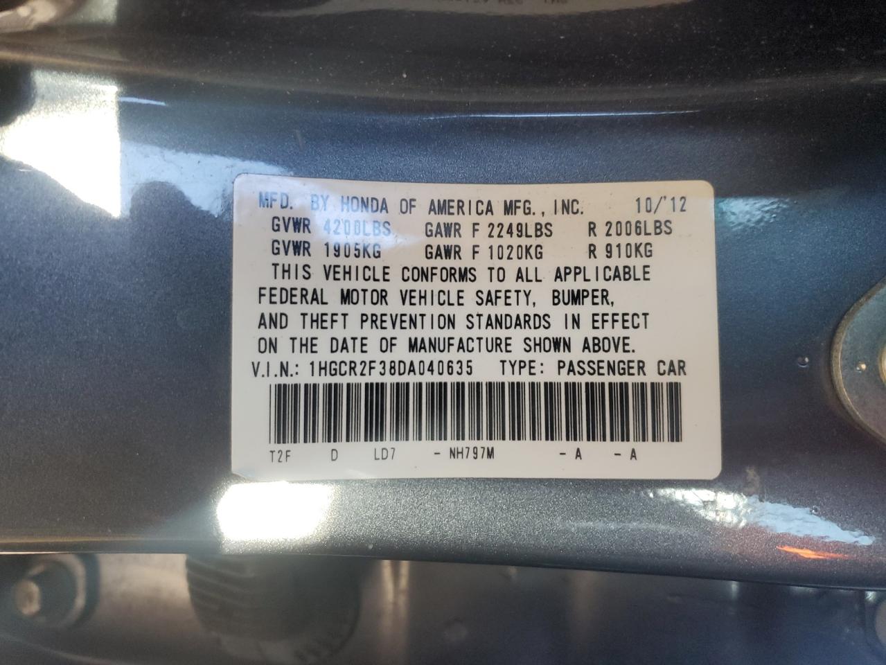 2013 Honda Accord VIN 1HGCR2F38DA040635 Copart auction photo, front end / minor dent/scratches damage thumbnail 12