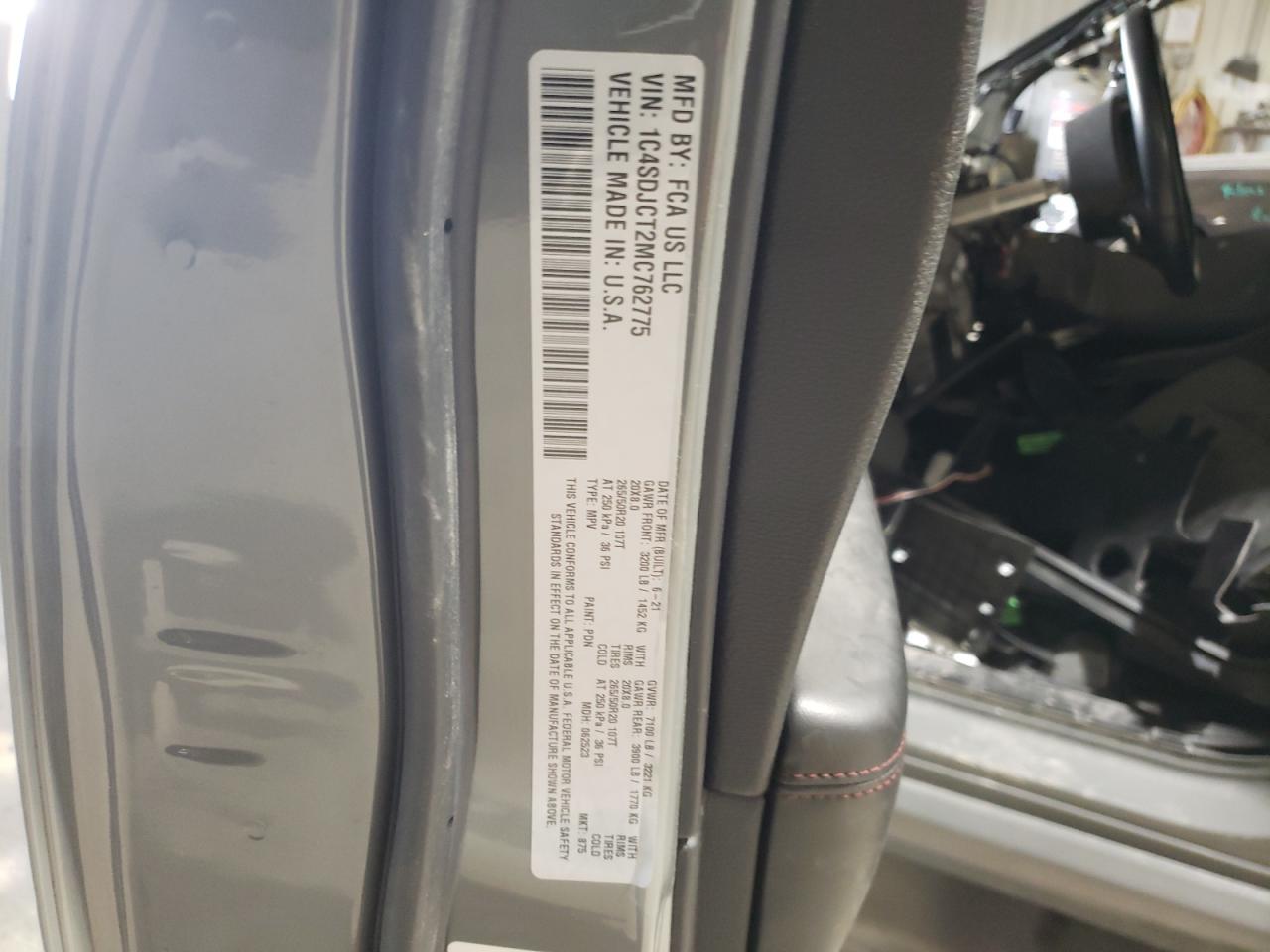 2021 Dodge Durango VIN 1C4SDJCT2MC762775 Copart auction photo, stripped damage thumbnail 14
