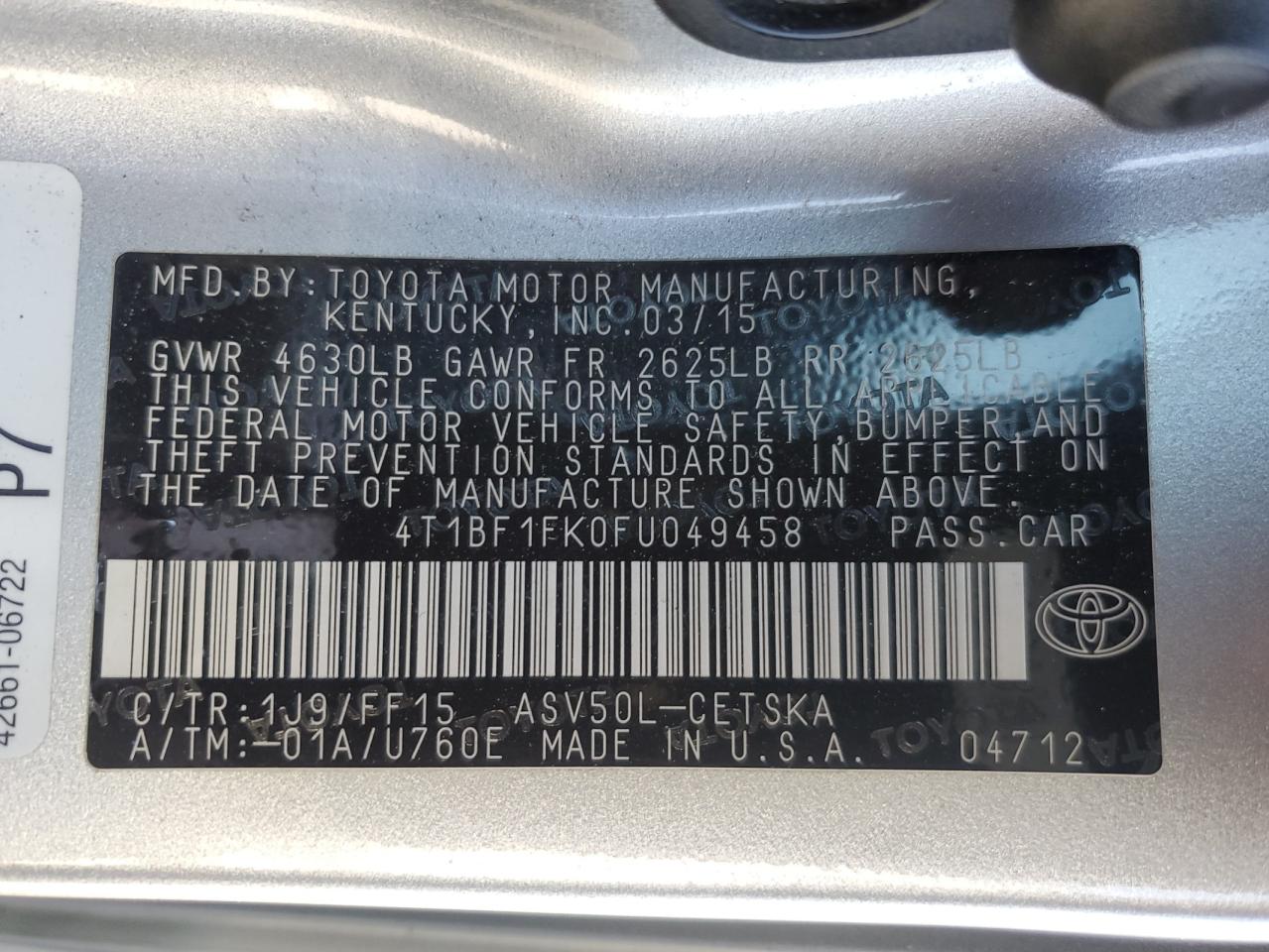2015 Toyota Camry VIN 4T1BF1FK0FU049458 Copart auction photo, side / front end damage thumbnail 14