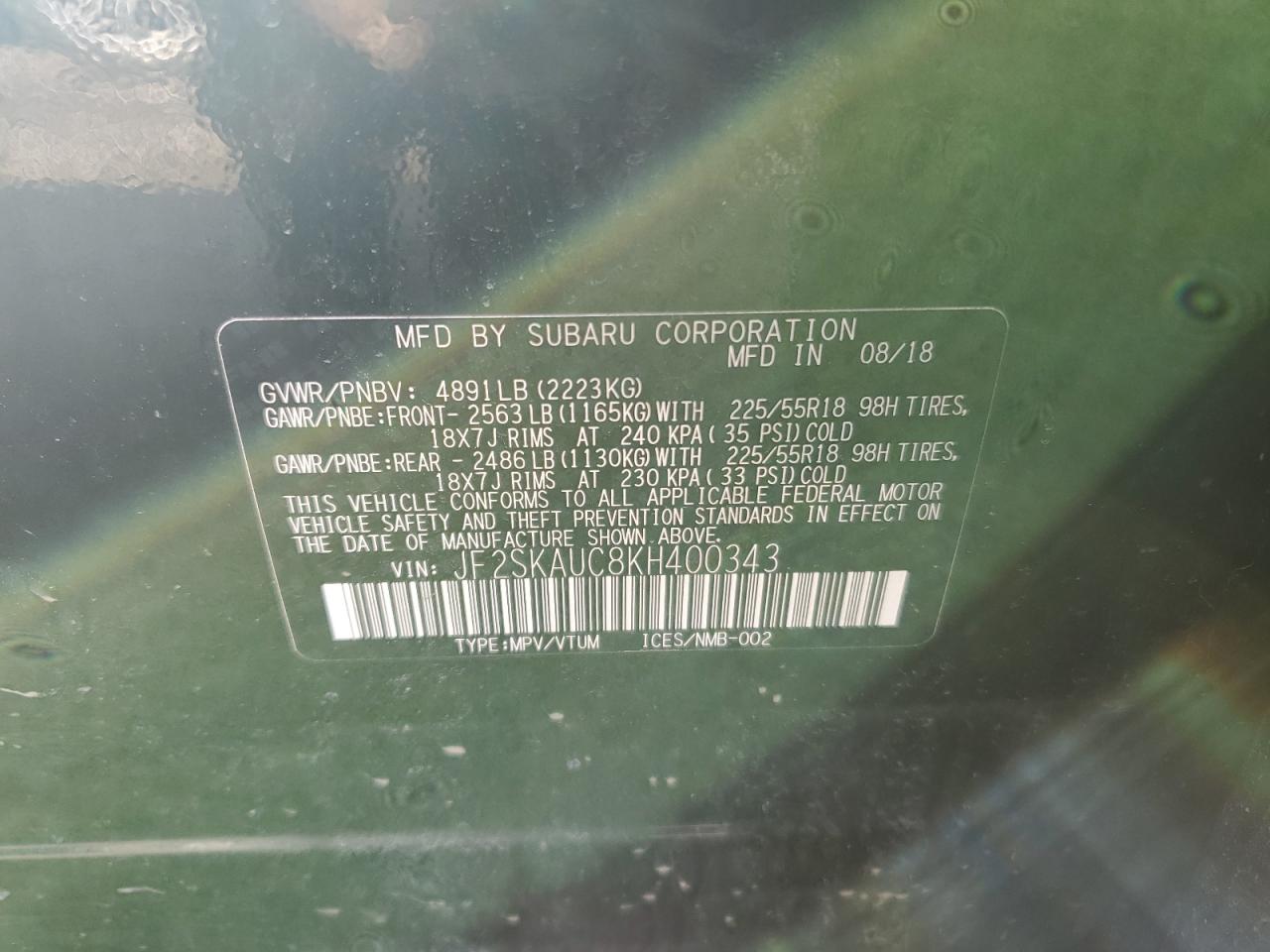 2019 Subaru Forester VIN JF2SKAUC8KH400343 Copart auction photo, vandalism damage thumbnail 14