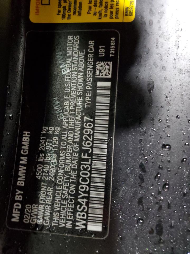 2020 BMW M4 VIN WBS4Y9C03LFJ62967 Copart auction photo, front end / side damage thumbnail 13