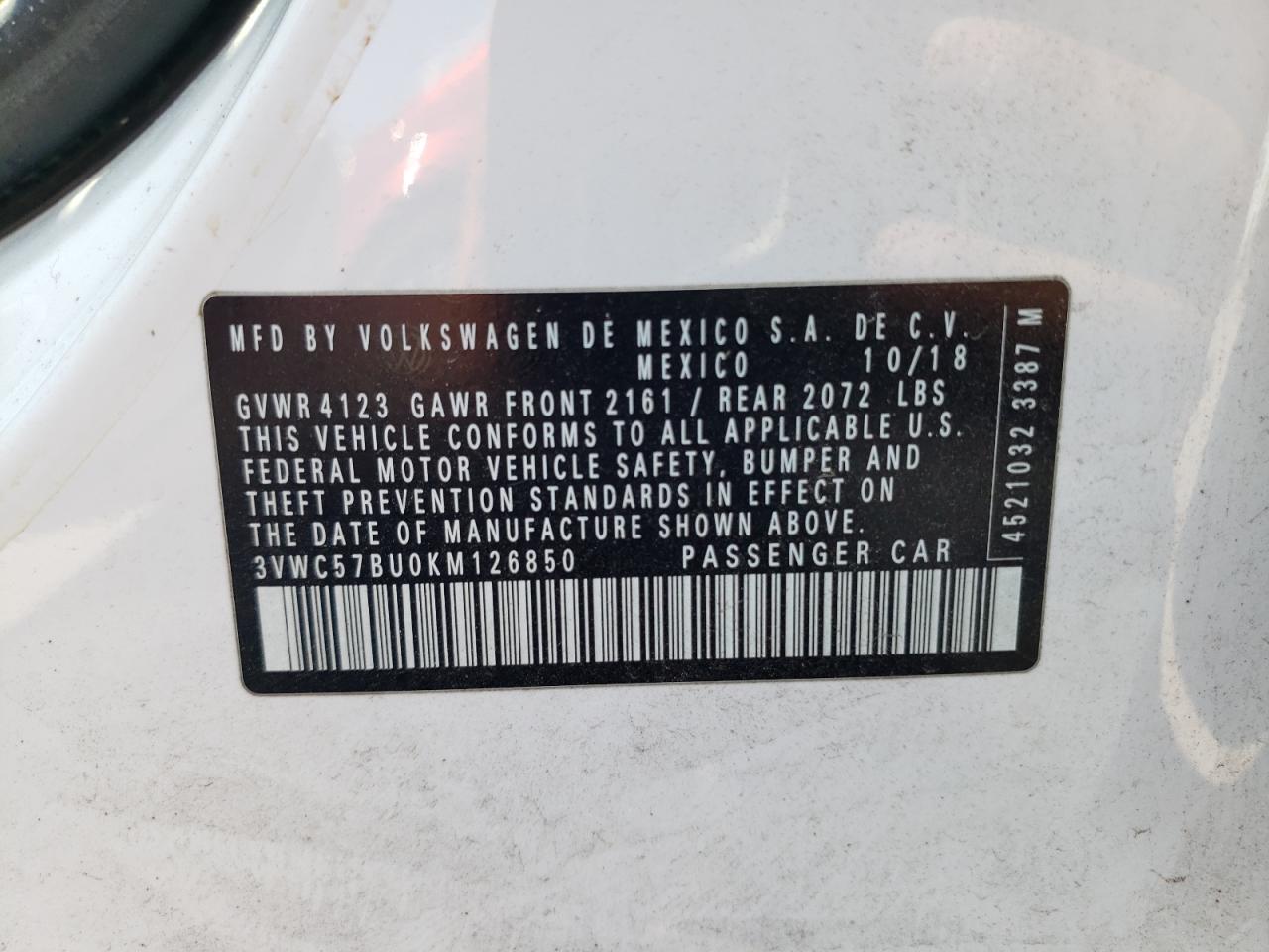 2019 Volkswagen Jetta VIN 3VWC57BU0KM126850 Copart auction photo, front end / minor dent/scratches damage thumbnail 12