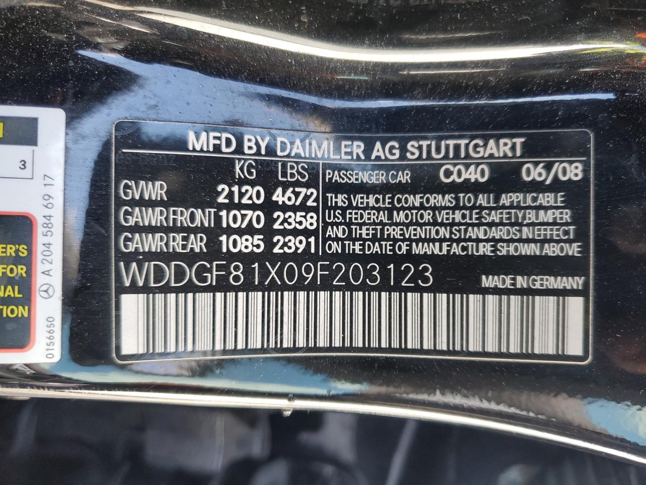 2009 Mercedes-Benz C-klasse VIN WDDGF81X09F203123 Copart auction photo, front end damage thumbnail 12