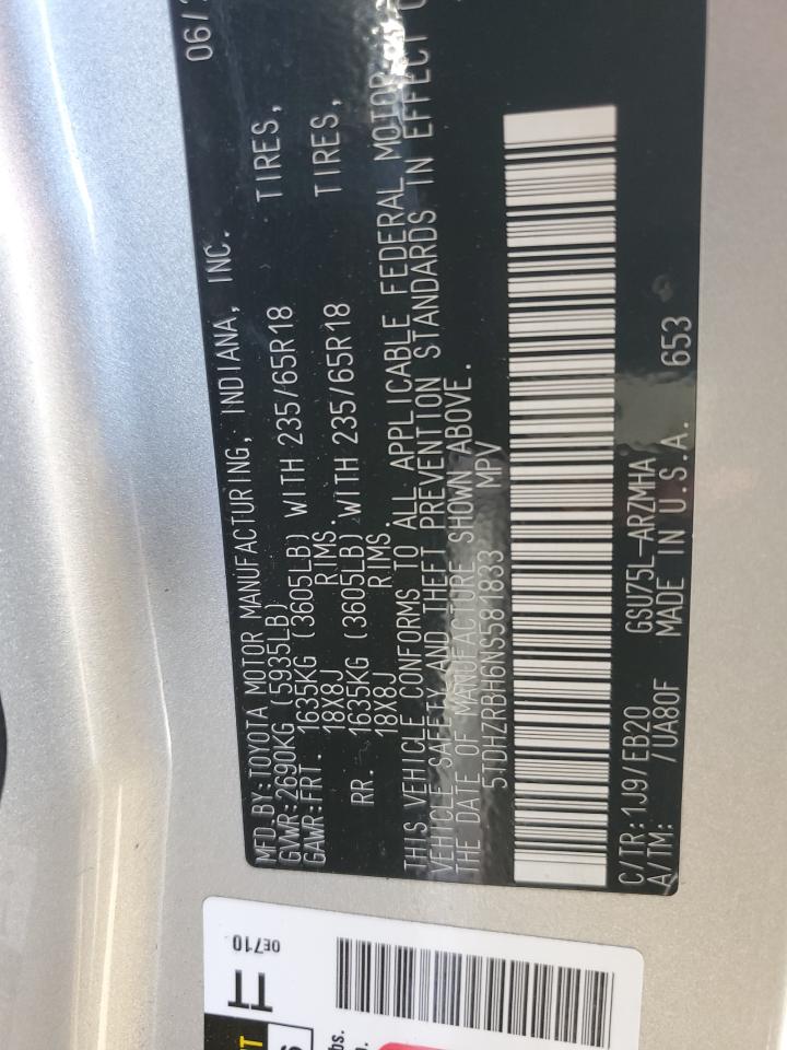 2022 Toyota Highlander VIN 5TDHZRBH6NS581833 Copart auction photo, rear end / minor dent/scratches damage thumbnail 13