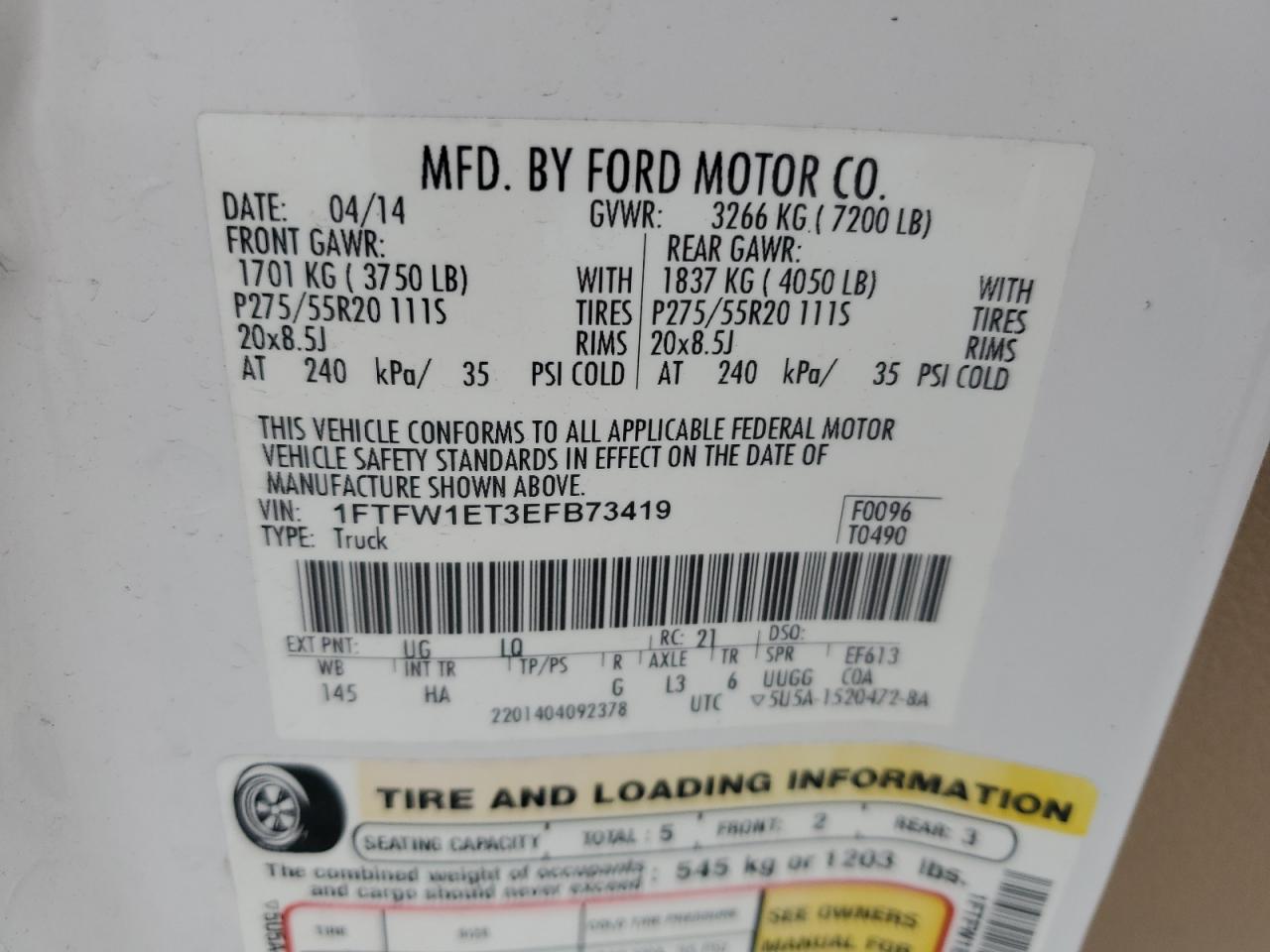 2014 Ford F-150 VIN 1FTFW1ET3EFB73419 Copart auction photo, all over / minor dent/scratches damage thumbnail 14