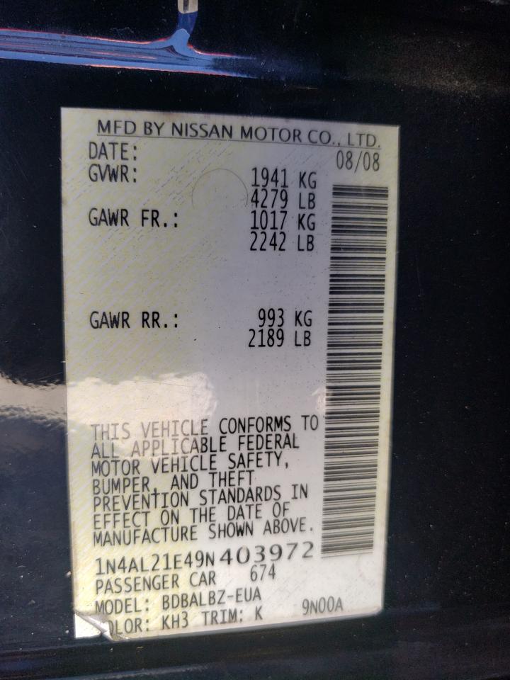 2009 Nissan Altima VIN 1N4AL21E49N403972 Copart auction photo, rear end / front end damage thumbnail 14