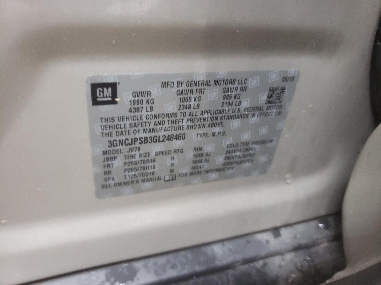 2016 Chevrolet Trax VIN 3GNCJPSB3GL248460 Copart auction photo, all over / undercarriage damage thumbnail 14