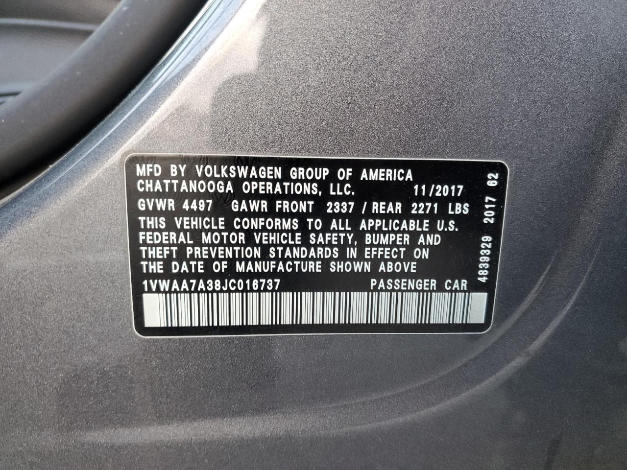 2018 Volkswagen Passat VIN 1VWAA7A38JC016737 Copart auction photo, mechanical damage thumbnail 12