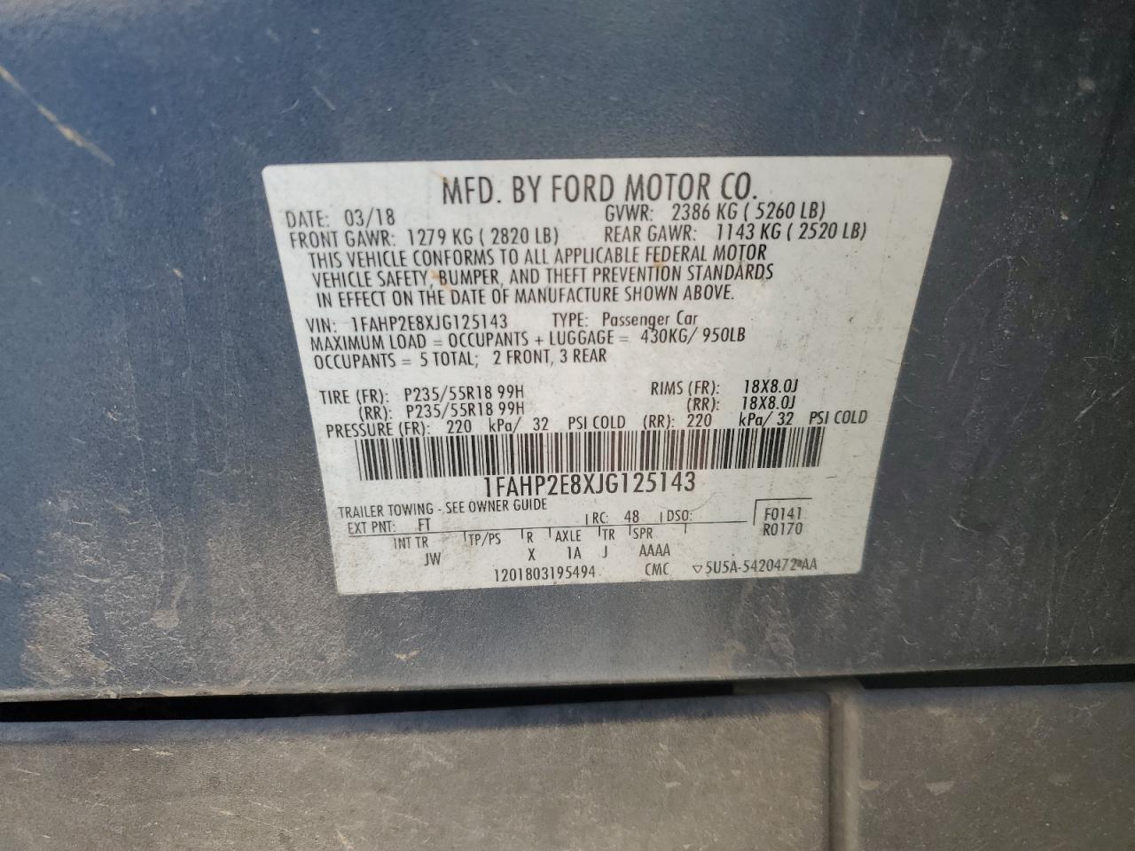 2018 Ford Taurus VIN 1FAHP2E8XJG125143 Copart auction photo, rear end damage thumbnail 12