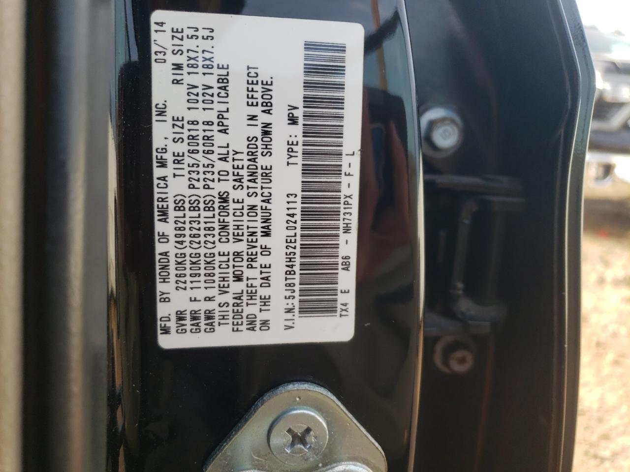 2014 Acura RDX VIN 5J8TB4H52EL024113 Copart auction photo, rear end damage thumbnail 15