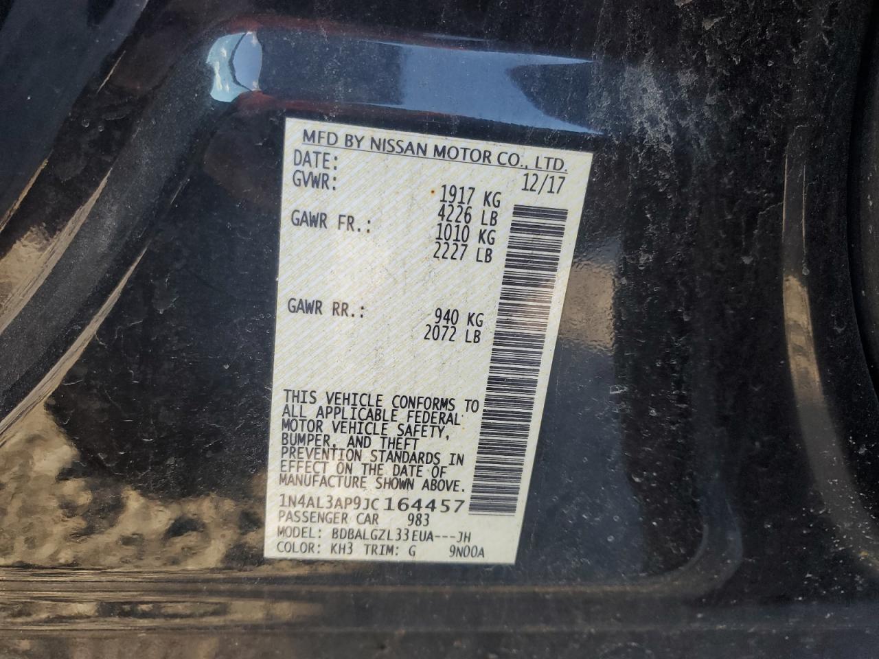 2018 Nissan Altima VIN 1N4AL3AP9JC164457 Copart auction photo, all over damage thumbnail 15