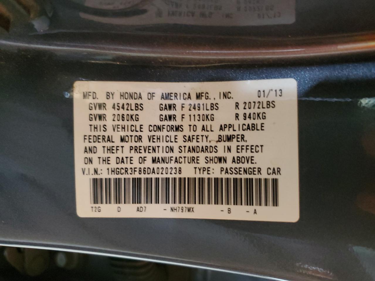 2013 Honda Accord VIN 1HGCR3F86DA020238 Copart auction photo, rear end damage thumbnail 12