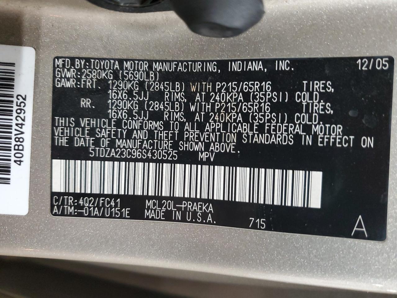 2006 Toyota Sienna VIN 5TDZA23C96S430525 Copart auction photo, front end / rear end damage thumbnail 13