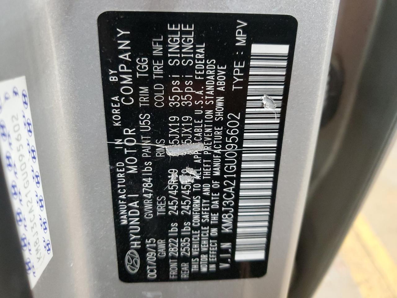 2016 Hyundai Tucson VIN KM8J3CA21GU095602 Copart auction photo, rear end damage thumbnail 13