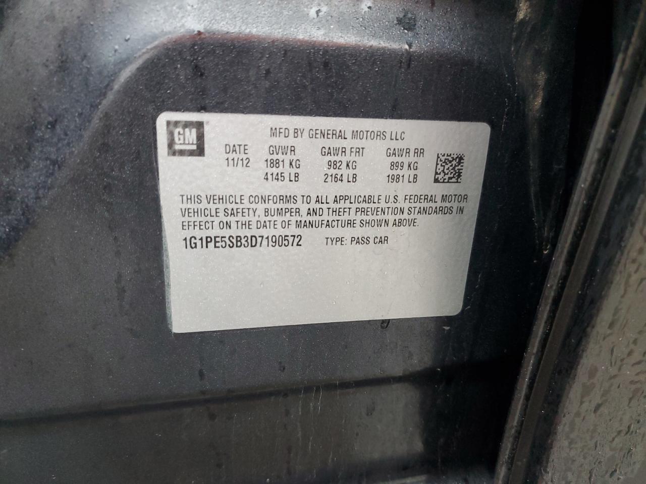 2013 Chevrolet Cruze VIN 1G1PE5SB3D7190572 Copart auction photo, front end damage thumbnail 12