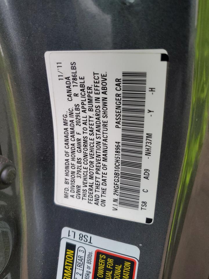 2012 Honda Civic VIN 2HGFG3B10CH518964 Copart auction photo, front end / rear end damage thumbnail 13