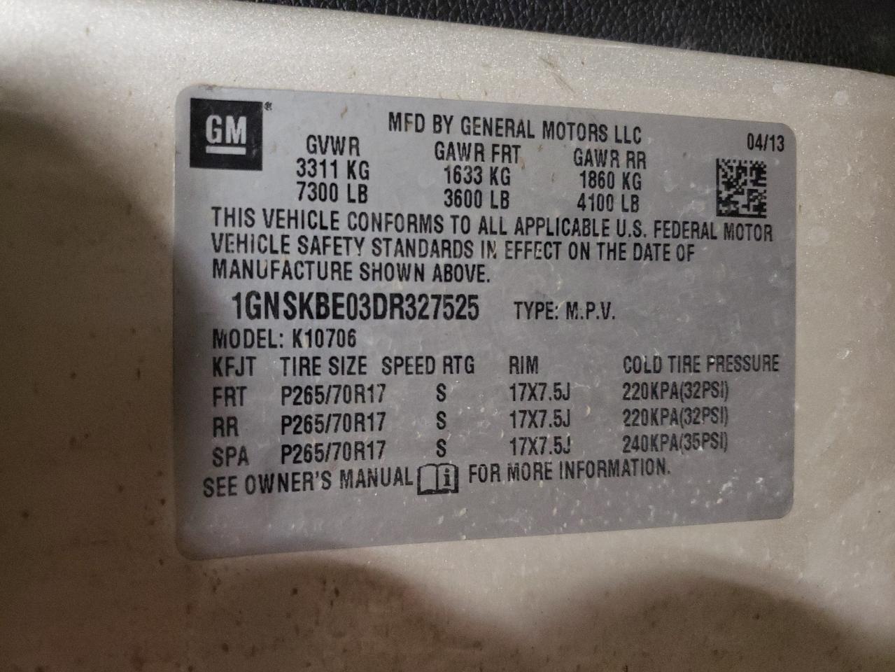 2013 Chevrolet Tahoe VIN 1GNSKBE03DR327525 Copart auction photo, front end damage thumbnail 13