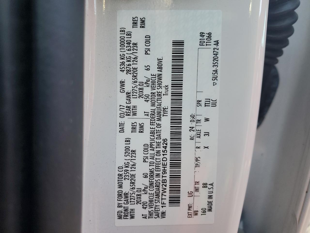 2017 Ford F250 VIN 1FT7W2BT9HED15426 Copart auction photo, front end / side damage thumbnail 15