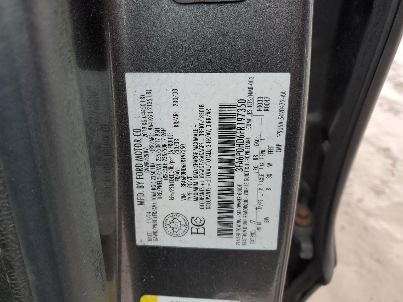 2015 Ford Fusion VIN 3FA6P0HD6FR197350 Copart auction photo, front end / side damage thumbnail 13