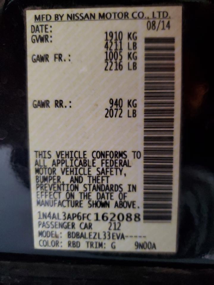 2015 Nissan Altima VIN 1N4AL3AP6FC162088 Copart auction photo, front end damage thumbnail 14