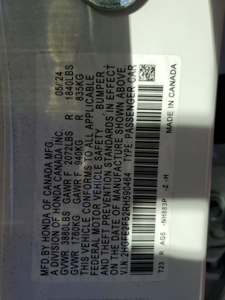 2024 Honda Civic VIN 2HGFE2F52RH590464 Copart auction photo, front end damage thumbnail 12