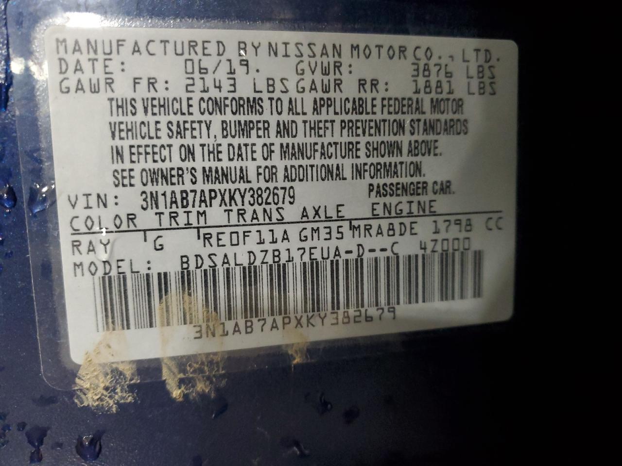 2019 Nissan Sentra VIN 3N1AB7APXKY382679 Copart auction photo, rejected repair / front end damage thumbnail 13