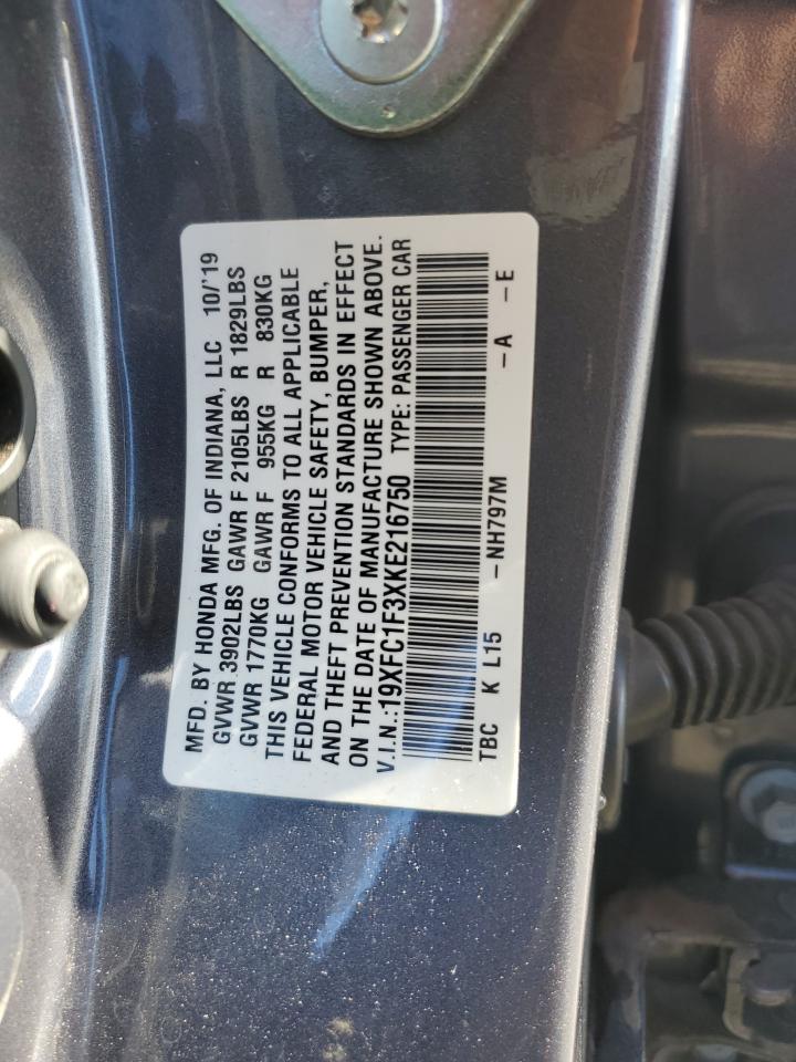 2019 Honda Civic VIN 19XFC1F3XKE216750 Copart auction photo, rear end / side damage thumbnail 12
