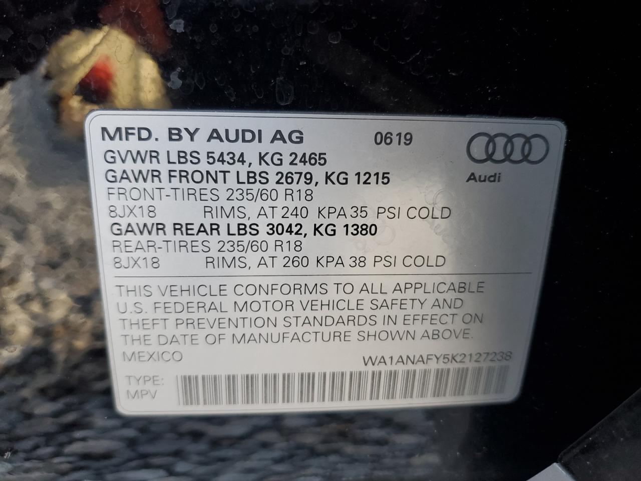 2019 Audi Q5 VIN WA1ANAFY5K2127238 Copart auction photo, front end / undercarriage damage thumbnail 14